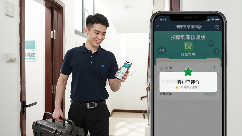 һλ��������Լ�ʦ�����������ɫpolo�����ɫ���㣬���΢Цվ���ſڣ�һ�����Ź����䣬��һ�������ֻ��鿴������Ϣ�������Ҳ���һ���Ŵ���ֻ���Ļ����ʾ����Ħ���Ҽ�ʦ�桱�������ҳ�棬���������ͻ������ۡ���ʾ������Ϊ����¥¥����������������ͼ���������ֻ�Ϊ�����Ű��࣬���Ϊдʵ��Ӱ�����������ɾ�