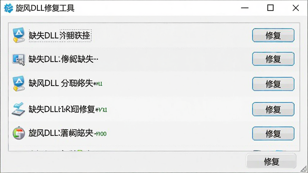 ����DLL�޸�����ɨ����棬��ʾ���ȱʧDLL�ļ��б���ÿ�к��С��޸�����ť������Ϊǳ��ɫ���������Լ��ɫ�������������������޶���Ԫ��