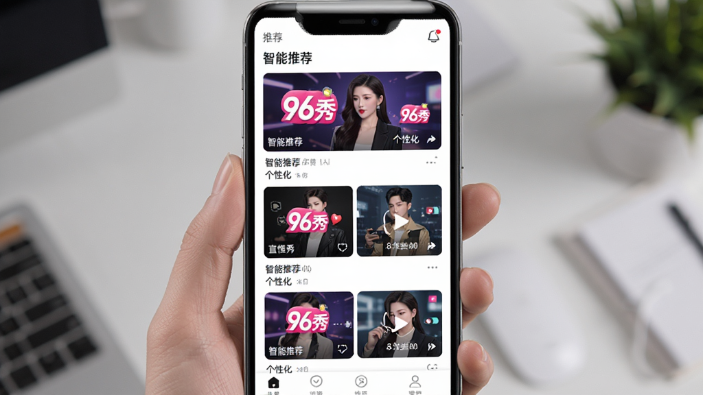 ��������Ϊ�ֻ�APP���Ƽ�ҳ�棬��Ļ�����ٲ�����ʽչʾ���ֱ������Ͷ���Ƶ��Ƭ��ÿ����Ƭ�϶�����Ŀ�ġ�96�㡱Сͼ�ꡣ���ֲ����б�ʽ���У��Ű��������򣬷������ʱ�У�ϸ����ͻ���������Ƽ����͡����Ի������������ʸ���ɾ����޶���Ԫ�ء�
