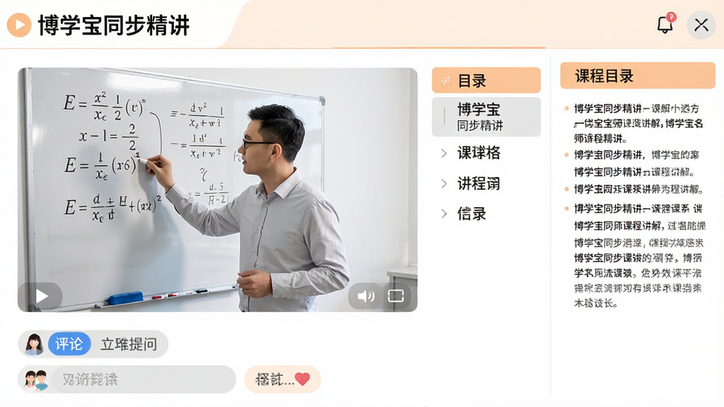 ��ѧ����ʦ�γ̽�����棬���Ϊ��Ƶ���Ŵ��ڣ��Ҳ���ʾ�γ�Ŀ¼�뽲�����֣������н�ʦ���ڰװ�����д��ʽ��ѧ�������·��������������ʣ�������ɫ�԰�ɫ��ǳ��ɫΪ��������չʾ�γ����ơ���ѧ��ͬ������������ƽ����ƣ��߷ֱ��ʣ��ɾ��޶���Ԫ��