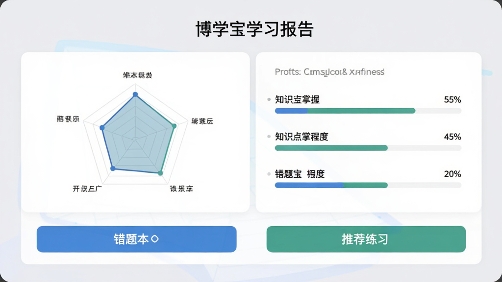 ��ѧ�����ܲ�������ҳ�棬չʾ�״�ͼ���֪ʶ�����ճ̶Ȱٷֱȣ��·��д��Ȿ���Ƽ���ϰ��ť������Ϊǳ��ɫ����Ƭʽ���֣����⴦��ʾ����ѧ��ѧϰ���桱���ִ���Լ��񣬸߷ֱ��ʣ��ɾ��޶���Ԫ��