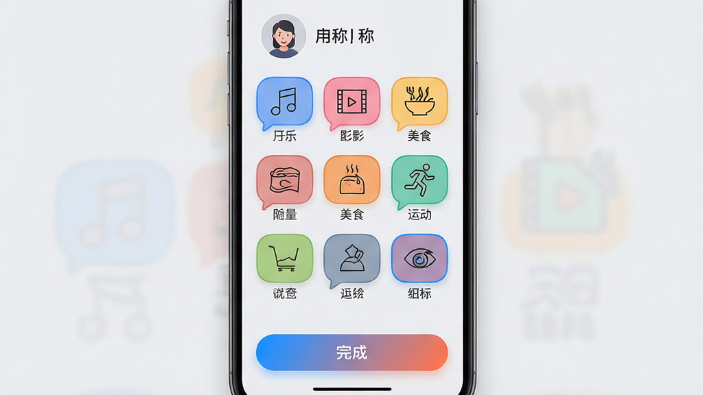 ���壺�ֻ���Ļչʾ�����������ѵ���Ȥ��ǩ�༭ҳ�棬ҳ�������ж����ɫ��ǩͼ�꣬�����֡���Ӱ����ʳ���˶��ȣ�ÿ��ͼ���¶�������˵�������֣���ǩ��������ʽ���У��Ϸ��и���ͷ����ǳƣ��ײ���