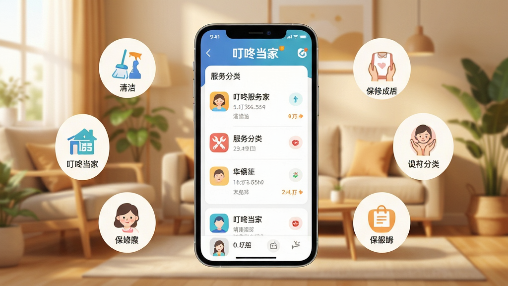 ���壺���˵���APP����չʾ���ֻ���Ļ��ʾ���������б�������Ϊ��ܰ�ļ�ͥ�������������֣��ֻ����У���Χ���Ʒ���ͼ������ࡢά�ޡ���ķ�ȣ��Ű棺���������ͻ��APP���ơ����˵��ҡ����������������ů���ִ���ƽ����ƣ�ϸ�ڣ�����ͼ�꾫�£�ɫ�ʴ����г�����������ȷ�����ʣ�������Ⱦ���ɾ����޶���Ԫ��