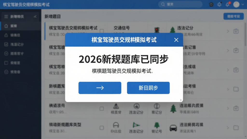 主体:棋宝驾驶员交规模拟考试的新题库更新界面,展示“2026新规题库已同步”弹窗,下方列出新增题目的类型。布局:弹窗居中,背景为题库列表。排版:弹窗文字醒目,按钮清晰。风格:现代简约,蓝色主调。细节:弹窗上有“棋宝驾驶员交规模拟考试”字样,新增题目含交通信号、违法记分等内容。画质:干净细腻,无多余元素。