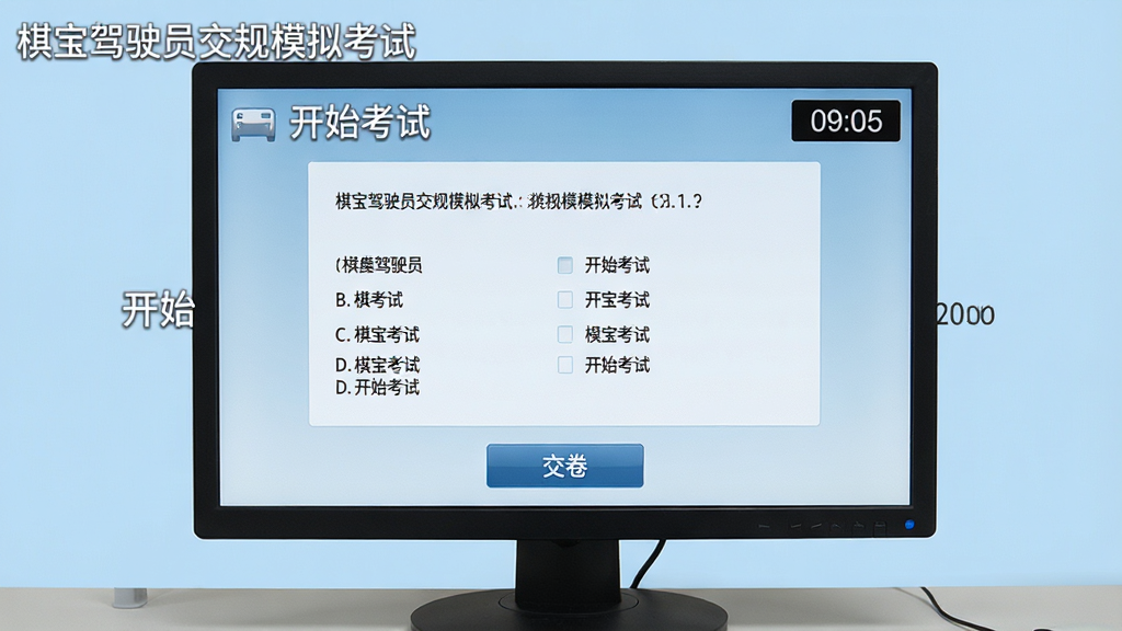 主体:棋宝驾驶员交规模拟考试的模拟考试界面,电脑屏幕显示考题和选项,右上角有倒计时,底部有“交卷”按钮。布局:屏幕居中展示,模拟真实考试环境。排版:题目清晰,选项排列有序。风格:仿真界面,严肃专业。细节:屏幕左上角有“棋宝驾驶员交规模拟考试”水印,背景为淡蓝色,有“开始考试”提示。画质:高清晰度,干净简洁。