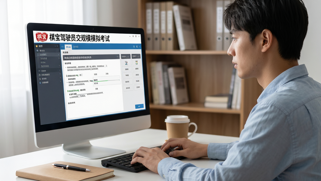 主体:一名学员正在电脑前使用棋宝驾驶员交规模拟考试软件刷题,屏幕显示答题界面。布局:侧面视角,学员专注,电脑屏幕清晰显示软件界面。排版:自然和谐,电脑屏幕上有“棋宝驾驶员交规模拟考试”字样。风格:写实生活化。细节:桌面有笔记本和咖啡杯,背景为书架。画质:高清,光线明亮,干净无多余元素。