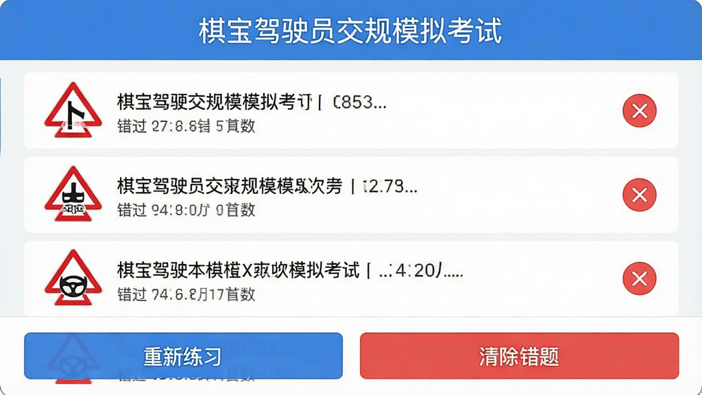 主体:棋宝驾驶员交规模拟考试的错题本界面,列表展示错题题目和答错次数,底部有“重新练习”“清除错题”按钮。布局:列表式布局,每行一道题,右侧有红色叉号标记。排版:简洁清晰,重点突出。风格:清爽扁平化。细节:页面顶部有“棋宝驾驶员交规模拟考试”标题,错题内容为交通标志识别类。画质:高清,无多余元素。