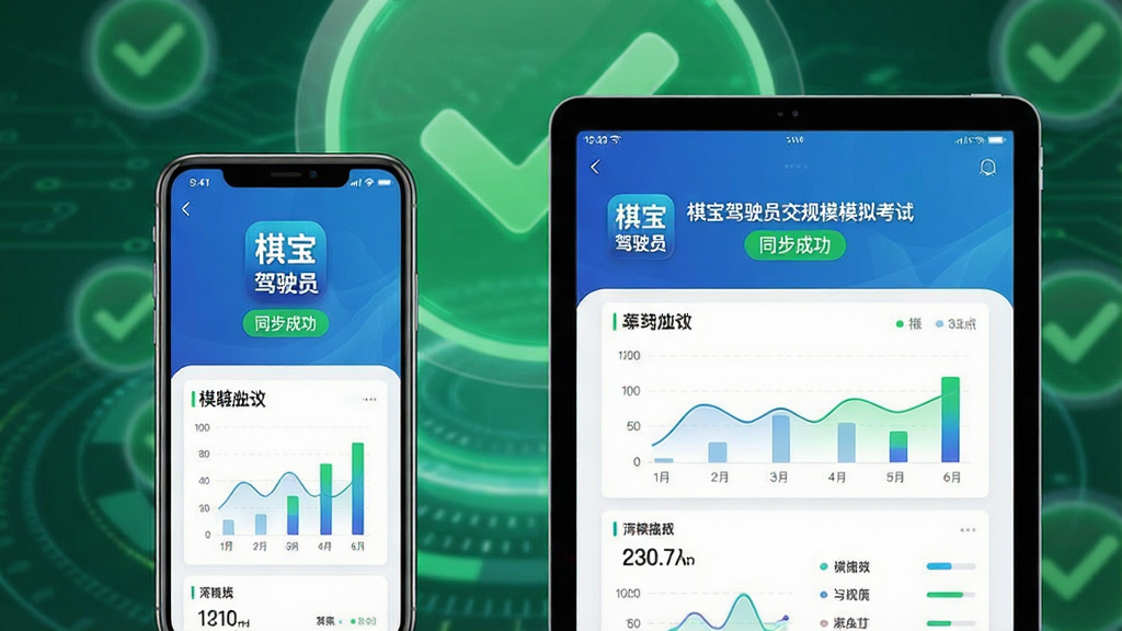 主体:棋宝驾驶员交规模拟考试在手机和平板上同步显示学习进度,背景为绿色对勾图标。布局:手机和平板并排摆放,屏幕显示相同的学习数据。排版:数据图表简洁明了。风格:科技感,流畅线条。细节:屏幕上可见“棋宝驾驶员交规模拟考试”的图标和“同步成功”字样。画质:高清,明亮干净。