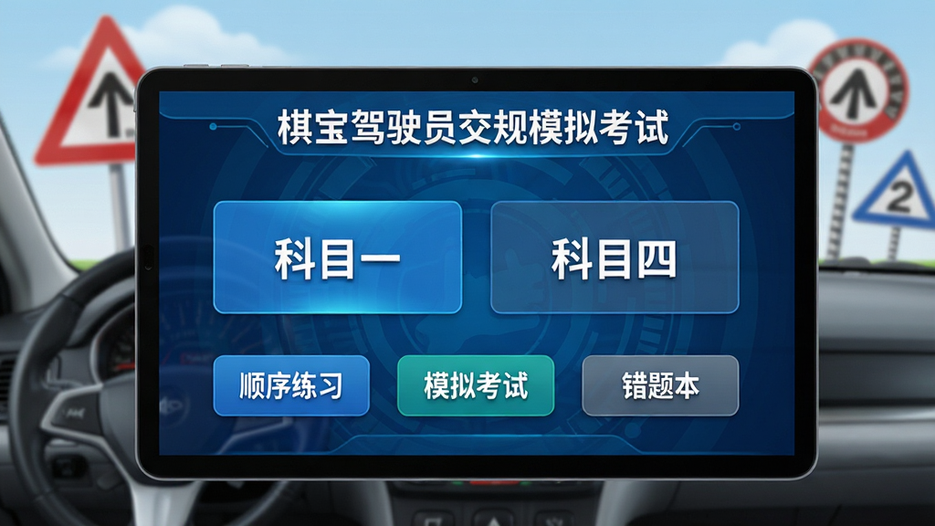 主体:棋宝驾驶员交规模拟考试软件主界面,展示驾考模拟答题场景,屏幕上显示“科目一”和“科目四”选项,下方有“顺序练习”“模拟考试”“错题本”功能按钮。布局:居中构图,界面比例协调,以蓝色科技感为主色调。排版:界面分层清晰,按钮排列整齐,文字标签醒目。风格:写实与扁平化结合,现代感强。细节:屏幕上有“棋宝驾驶员交规模拟考试”字样,背景加入方向盘、交通标志等驾考元素。画质:高清细腻,干净无多余元素。