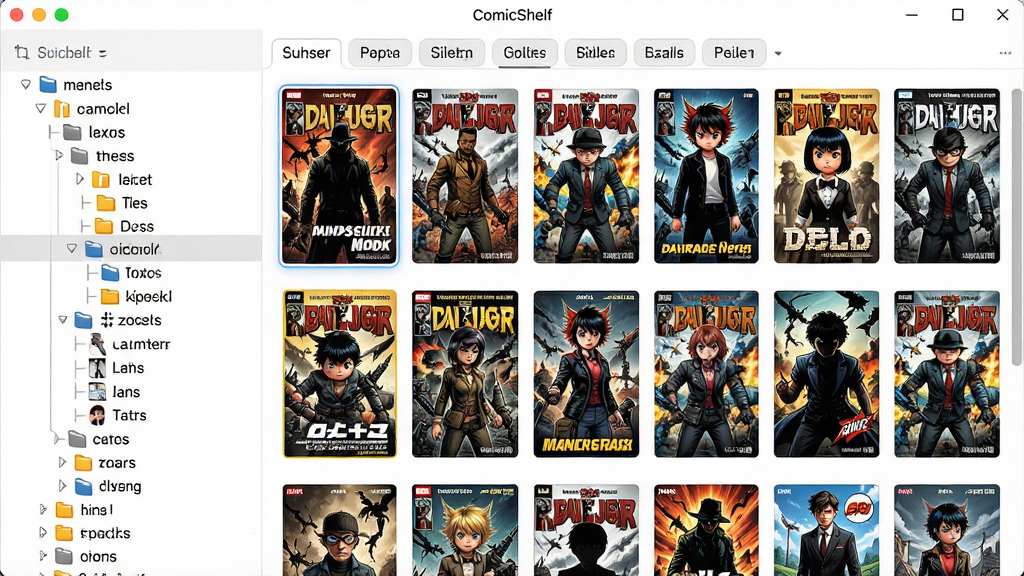 ComicShelf软件界面展示漫画分类管理功能,左侧树状分类树,右侧漫画封面墙,标签筛选栏,简洁清晰布局,现代UI风格,画质高清,细节丰富,无多余元素