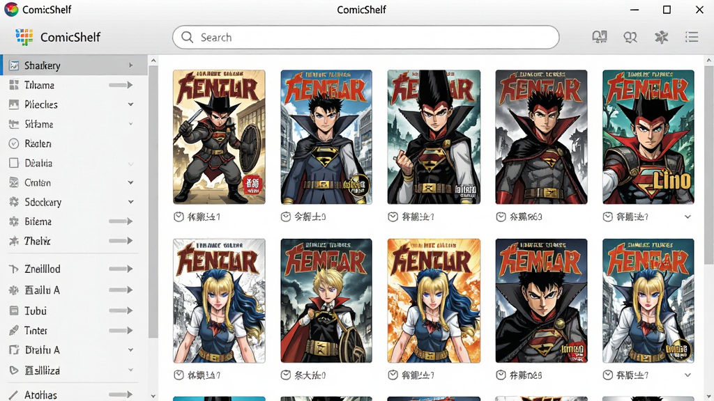 主体为ComicShelf软件主界面截图,展示书架式漫画列表布局,左侧分类栏,右侧封面网格,顶部搜索框,现代扁平化设计风格,细节清晰,画质高清,干净无多余元素