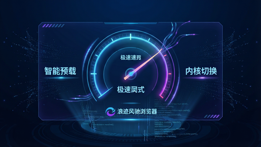 主体:一个类似科幻电影中的全息投影界面,中央显示“浪迹风驰浏览器”的极速模式仪表盘,指针指向“极速”区域,周围环绕着代表网页加载速度的流光线条。布局:全息投影悬浮在深蓝色科技感背景中央,四周有细微的数据流粒子向中心汇聚。排版:仪表盘占据画面主体,左侧有“智能预载”字样,右侧有“内核切换”字样,均以发光字体呈现。风格:科技感、未来感、深色调背景与明亮的霓虹蓝紫色调形成对比。细节:投影底部有“浪迹风驰浏览器”的Logo,线条上流动着微小的数据代码。画质:高清晰度,光影追踪效果,干净无多余元素。