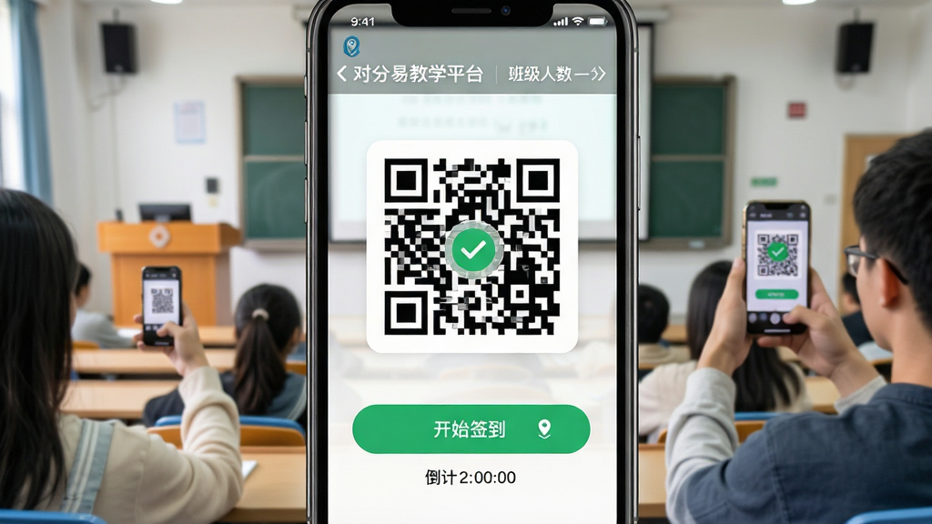 ����Ϊ�Է��׽�ѧƽ̨���ֻ��ϵ�ǩ�����棬��Ļ������ʾһ���޴�Ķ�ά�룬�·��С���ʼǩ������ť�͵���ʱ��ʾ��������ʾ�γ����ƺͰ༶�����������Ǵ�ѧ���ҵĽ�̨�ӽǣ���ѧ�������ֻ���׼��Ļ������Ϊ�ֻ�������д���У���Χ���׸ɾ����Ű���������ť��Ŀ�����Ϊ��ʵ��Ӱ��񣬹���������ͣ�ϸ�ڰ����ֻ���Ļ�ϵĶ�λͼ�ꡢǩ���ɹ���ĶԹ����������ʸ��壬����ɾ����޶���Ԫ�ء�