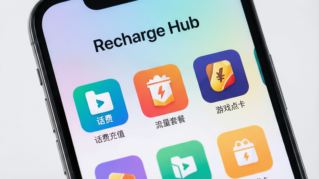 һ�������ֻ���Ļ��д����Ļ��������ʾRecharge HubӦ�õ������棬���涥���С�Recharge Hub���������·������Ż��ѳ�ֵ�������ײ͡���Ϸ�㿨�Ȳ�ɫͼ�꣬����Ϊ��͵Ľ���ɫ�����岼�ּ���ִ������ʸ��壬�ɾ��޶���Ԫ��