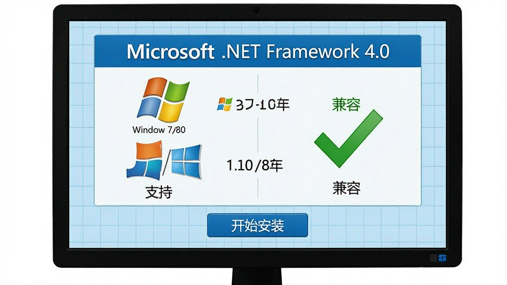 ���壺һ̨Windows������Ļչʾ��Microsoft .NET Framework 4.0��������ͼ��������г�Windows 7/8/10ͼ�꣬�Ҳ���ʾ�����ݡ���ɫ�Թ������֣�ͼ�����У�����Ϊǳ��ɫ�������·��С���ʼ��װ����ť���Ű棺����չʾ�汾����ϵͳͼ�ꡣ��񣺼������������ɫ��ϸ�ڣ�ÿ��ϵͳͼ���·���ע��֧�֡����������ʣ��ɾ����޶���Ԫ�ء�