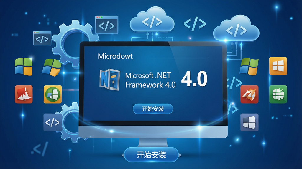 ���壺һ̨�ִ�����Windows������Ļ��ʾ��Microsoft .NET Framework 4.0����װ���棬��Χ�����ų��֡�������ź��ƶ�ͼ�꣬����ϵͳ�ײ�֧�֡����֣�����λ�ڻ������룬����ֲ��Ŵ�����ͬӦ�ó���Ĳ�ɫͼ�꣬�ײ��С���ʼ��װ����ť���Ű棺������ˣ���������ʹ��΢���ź����壬ǿ����4.0���汾�š���񣺿Ƽ��С���ɫ����ϸ�ڴ��й�ӰЧ�������ʣ�������Ⱦ���ɾ��޶���Ԫ�ء�