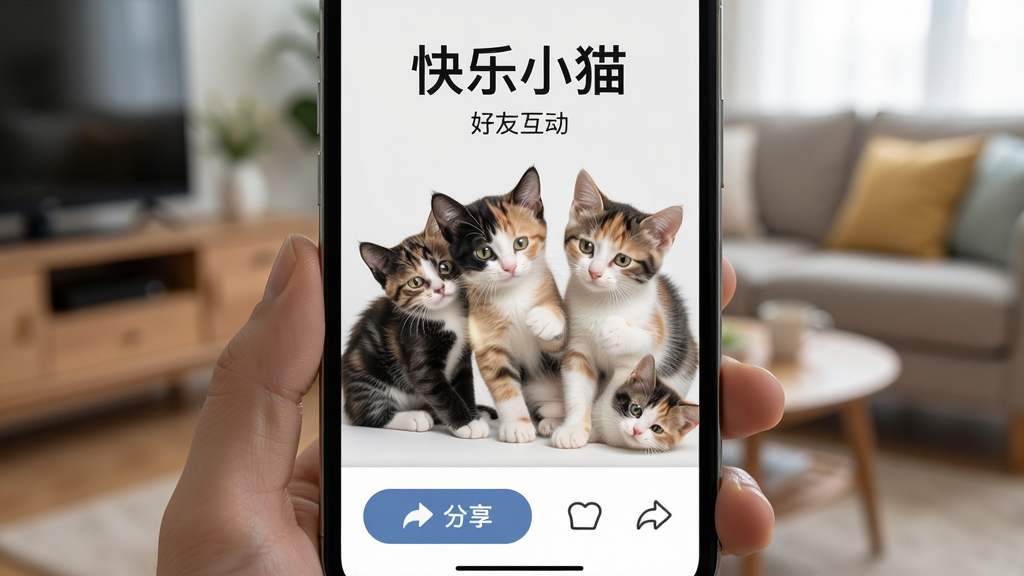 һ���罻����������ͼƬ��������һ���ֻ���Ļ����Ļ���м�ֻ��ͬ��ɫ��Сè��һ����ˣ�������·��з�����ť�͵���ͼ�꣬������ģ���Ŀ������������岼����Ȼ�����дʵ��ϸ��չʾè��Ŀɰ����飬�����������ɾ��޶���Ԫ�أ�ͼƬ�����֡�����Сè���������֡����ѻ�������