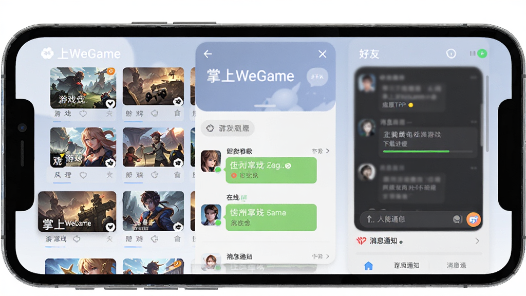 WeGame��ԭTGP���ƶ���App���棬����Ϊ�ֻ���Ļ������Ϊ��Ϸ�б����������촰�ڡ���Ϣ֪ͨ���Ű���У�����ƽ����ϸ�ڰ���������WeGame����������Ϸ���ؽ�����������״̬�ƣ����ʸɾ����޶���Ԫ��