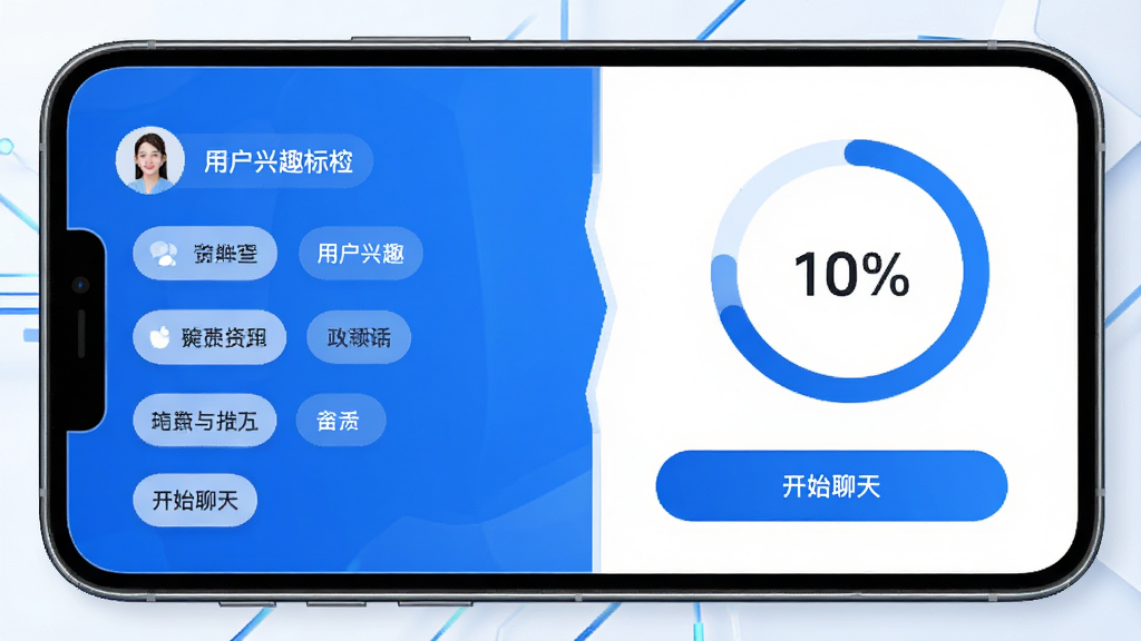 һ���ֻ���Ļ��չʾ����ƥ��Ľ��棬������û���Ȥ��ǩ�б����Ҳ���ƥ��Ȱٷֱ�Բ�����м��С���ʼ���족��ť������UI������Ϊ��ɫ����������������Ƽ��У����ʸ��壬�޶���Ԫ��