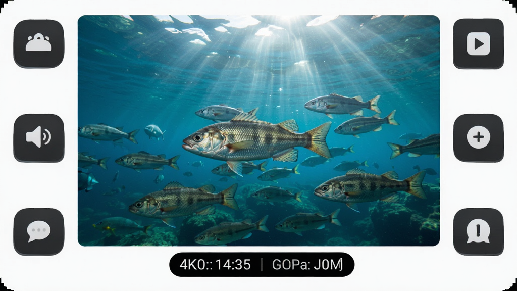 ���壺�����˶����app¼�ƽ��棬չʾ4K HDR�����µ�ˮ����Ⱥ��д�����֣���������Ϊˮ���ӽǣ���Χ��app���ܰ�ť���Ű棺��Ƶ����ռ��Ҫ���򣬵ײ�Ϊ¼��ʱ����ֱ��ʱ�ʶ����񣺸���дʵ��ˮ�¹�Ӱͨ͸��ɫ����Ȼ�����ʣ����壬�ɾ����޶���Ԫ��