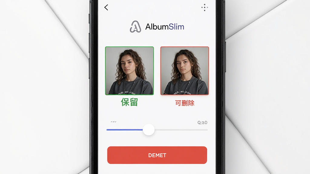 AlbumSlim 智能重复照片识别功能展示,手机屏幕显示两组相似照片对比,一组标记为保留,另一组标记为可删除,界面有对比滑块和删除按钮,背景干净,风格简洁,画质清晰,无多余元素
