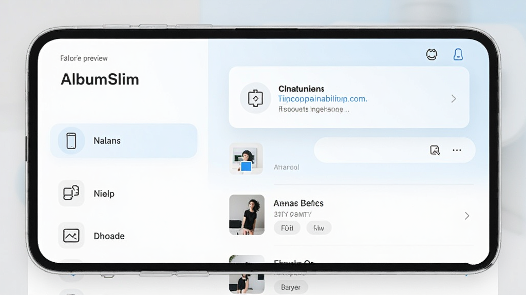 AlbumSlim 的主界面预览图,展示极简风格的相册分类列表,顶部有清理建议卡片,界面以白色和淡蓝色为主色调,布局清晰,图标线性风格,整体干净明亮,画质高清,无多余元素