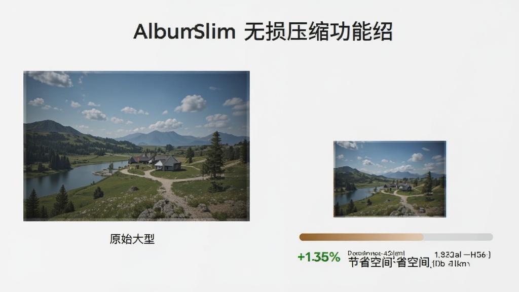 AlbumSlim 无损压缩功能介绍图,展示一张照片压缩前后的体积对比,左侧为原始大小,右侧为压缩后大小,配有进度条和节省空间百分比,背景为浅灰色,风格简约,画质清晰,无多余元素