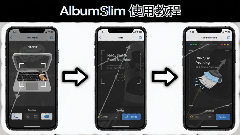 AlbumSlim 使用教程步骤图,展示从扫描到清理的完整流程,使用箭头连接不同界面,背景为纯白色,界面截图风格统一,画质清晰,无多余元素