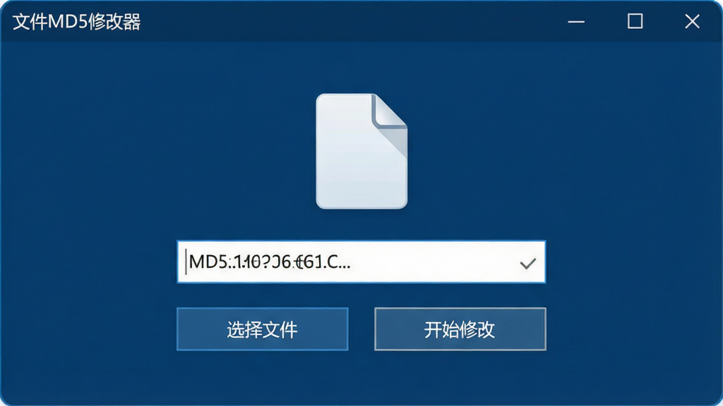 һ��չʾ�ļ�MD5�޸���������ĸ����ͼ������������ɫΪ��ɫ����������ʾһ���ļ�ͼ���MD5ֵ�����ͼ���·��С�ѡ���ļ����͡���ʼ�޸ġ�������ť�����������ִ������沼�����������ֱ�ǩΪ���ļ�MD5�޸����������ʸɾ����޶���Ԫ�ء�