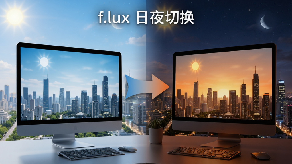 һ��չʾf.lux��ҹ����Ч���ĶԱ�ͼ�����Ϊ����ɫ���İ�����Ļ���棬�Ҳ�Ϊů��ɫ����ҹ����Ļ���棬�м���ƽ�����ɵļ�ͷ�������ǳ�������ߴӰ��쵽ҹ���ı仯���������ҶԳƣ����дʵ�Ƽ���ϸ�ڷḻ������������ͼƬ�����ֱ�ע��f.lux ��ҹ�л���