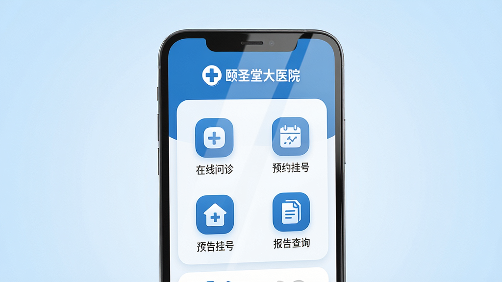 ���壺һ����Ϊ����ʥ�ô�ҽԺ����ҽ�ƽ���APP���棬չʾ�������ֻ���Ļ�ϡ����֣��ֻ����У���Ļ��������ʾAPP�����棬�����������������ԤԼ�Һš����������ѯ���ȹ���ͼ�꣬�����С���ʥ�ô�ҽԺ��������Ʒ��LOGO���Ű棺�������ִ���ͼ���������룬ɫ������ɫ�Ͱ�ɫΪ����ҽ����ҵ��񡣷��дʵ3D��Ⱦ����Ӱ��Ȼ��ϸ�ڷḻ��ϸ�ڣ��ֻ���Ļ�������͹��ߣ�����Ϊ����ɫ���䣬Ӫ��רҵ����������ҽ�Ʒ�Χ�����ʣ�4K���壬�ɾ����޶���Ԫ�ء�