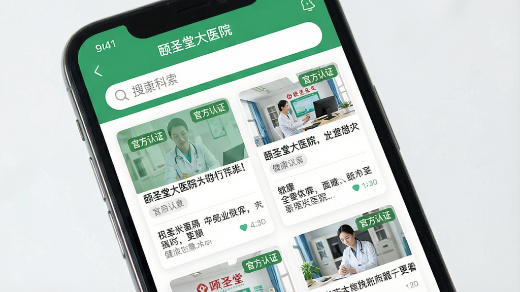 ���壺�ֻ���Ļչʾ����ʥ�ô�ҽԺ��APP�Ľ������������б�ҳ�档���֣���Ļ�Ϸ�Ϊ���������·�Ϊ���¿�Ƭ�ٲ�����ÿ�ſ�Ƭ���б��������ͼ���Ű棺������£�ͼ�Ĳ�ï����񣺱�ƽ����ƣ���ɫ���ɫΪ��ɫ����ϸ�ڣ���Ƭ�ϱ�ע���ٷ���֤����ǩ�����ʣ����壬�ɾ����޶���Ԫ�ء�