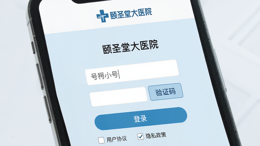 ���壺�ֻ���Ļ��ʾ����ʥ�ô�ҽԺ��APP�ĵ�¼ע��ҳ�棬�·��С��û�Э�顱�͡���˽���ߡ���ѡ�򡣲��֣���Ļ����Ϊ�ֻ�����������֤�밴ť���·�Ϊ��¼��ť���Ű棺�����������񣺱�ƽ����ƣ�ǳ��ɫ������ϸ�ڣ���Ļ�����С���ʥ�ô�ҽԺ����־�����ʣ����壬�ɾ����޶���Ԫ�ء�