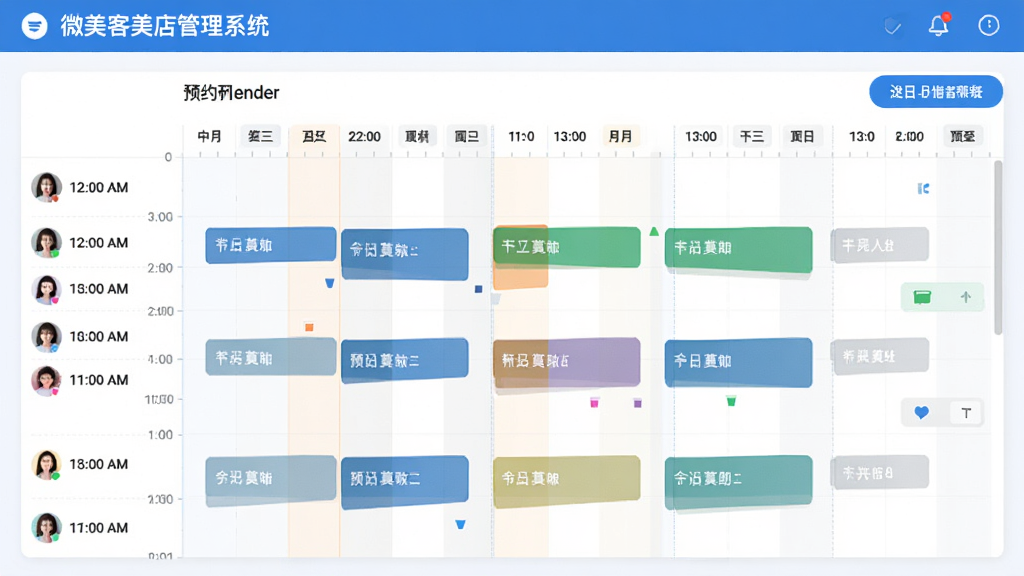 展示微美客美店管理系统预约日历界面,包含多个员工的时间轴、预约状态色块,界面清爽,蓝色主题,布局规整,画质清晰,无多余元素