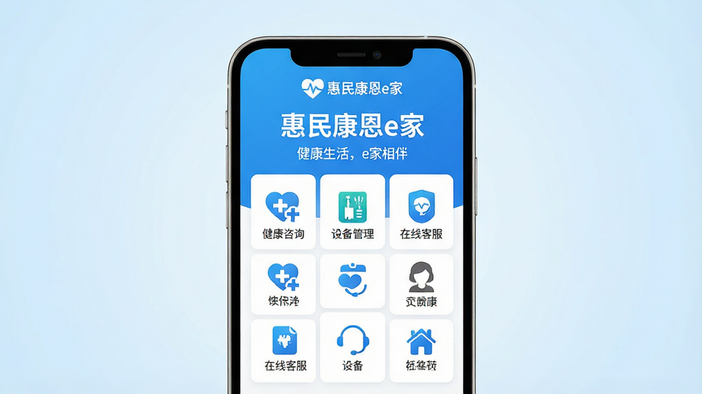 ���壺�����ֻ���Ļչʾ���񿵶�e��APP�����棬���涥���С����񿵶�e�ҡ������ͽ���ͼ�꣬�·��������Ĺ���ģ��ͼ�꣬�硰������ѯ�������豸�������������߿ͷ����ȡ����֣��ֻ����У���Ļ���������ɼ�������Ϊ��͵�ǳ��ɫ���䣬Ӫ��ɾ���ˬ�ķ�Χ���Ű棺�����⡰���񿵶�e�ҡ�λ���ֻ���Ļ�Ϸ����·�Ϊ���Ĺ���ͼ�����У������Ű���⡣����ִ���ƽ����ƣ�ɫ������������ɫ�Ͱ�ɫΪ��ɫ����ϸ�ڣ�Ӧ��ͼ��������κ�ʮ����Ϸ��ţ���������ʾ���������e����顱�ı�����ʸ��壬�ɾ����޶���Ԫ�ء�