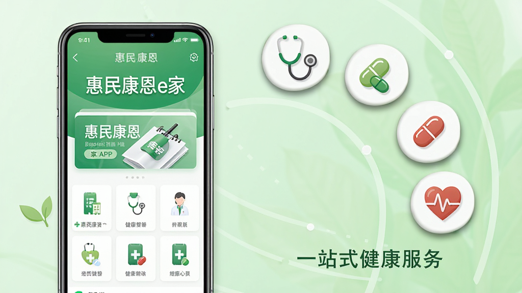 ���壺һ��չʾ���񿵶�e��APP�������ϵ�Ԥ��ͼ������������ֻ����棬�Ҳ�����صĽ�������ͼ�꣨����������ҩ�衢����ͼ�꣩Χ���ֻ����С����֣��ֻ�����ƫ���Ҳ�ͼ��ʰ�Բ�λ��ƣ�����Ϊ����ɫ�������������������Ű棺�ֻ���Ļ����ʾ�����񿵶�e�ҡ������棬�Ҳ�ͼ���·��С�һվʽ��������С�ֱ�ע����񣺽���ҽ�Ʒ��ɫ�ʺ�г������ɫ�Ͱ�ɫΪ����ϸ�ڣ�����ͼ�������΢��Ӱ�����ʸɾ����޶���Ԫ�ء�