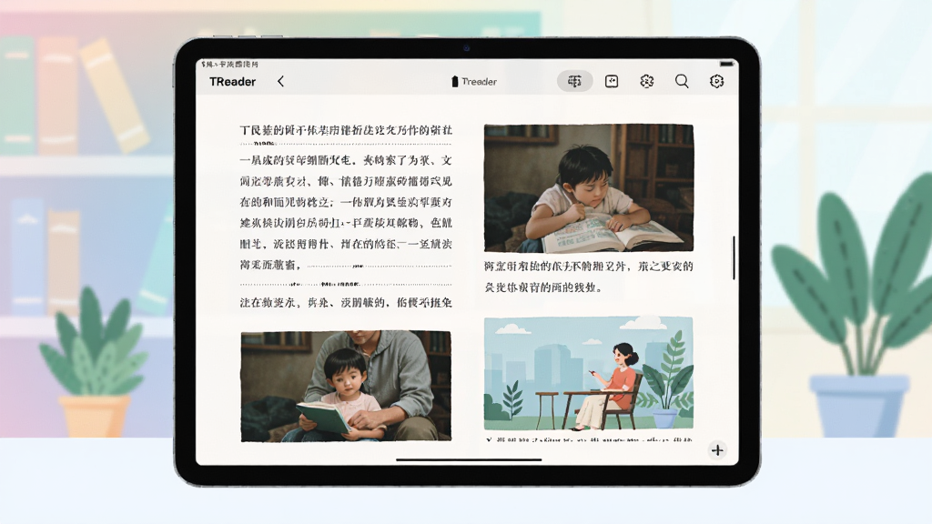 һ�ű�ƽ�������ִ������Ķ������湹ͼ��������ƽ�������Ļ��չʾTReader�Ķ����������棬��������ʾͼ�Ĳ�ï�ĵ������Ű�Ч���������Ǹɾ���͵Ľ���ɫ�������ֲ�����岼�ּ�����죬������¼�Լ�����ʸ���ɾ��޶���Ԫ��