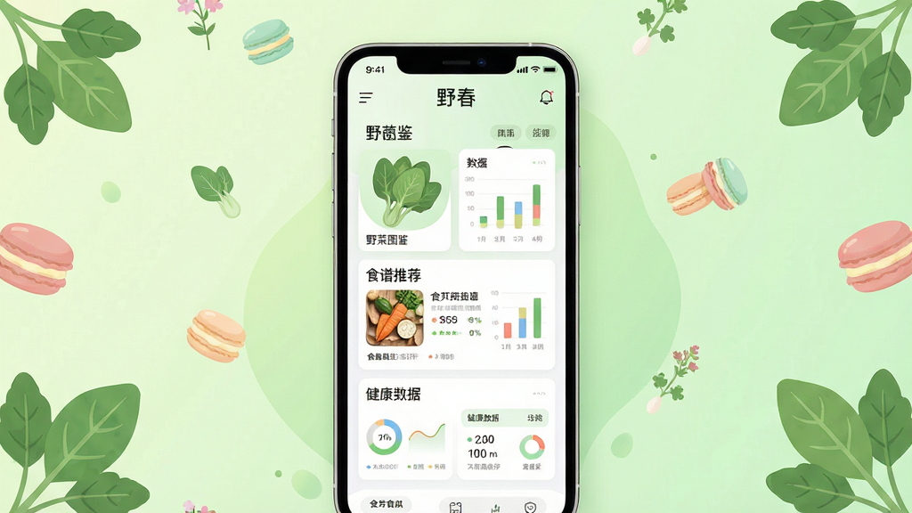 ���壺Ұ��Ӧ�õ�������չʾ���ֻ���Ļ����ʾ����������Ұ��ͼ����ʳ���Ƽ��ͽ������ݿ��塣���֣��ֻ����У�����Ϊ����ɫ���䣬��Χ��׺��Ұ��Ҷ�Ӻ�����������Сͼ�ꡣ�Ű棺���沼�ּ�࣬����ͼ���������룬ɫ�����¡���񣺱�ƽ���廭���ɫ��������͡�ϸ�ڣ���Ļ������������ʾ��Ұ��������������ͼ��׼ȷ�����ʣ�������Ⱦ���ɾ��޶���Ԫ�ء�