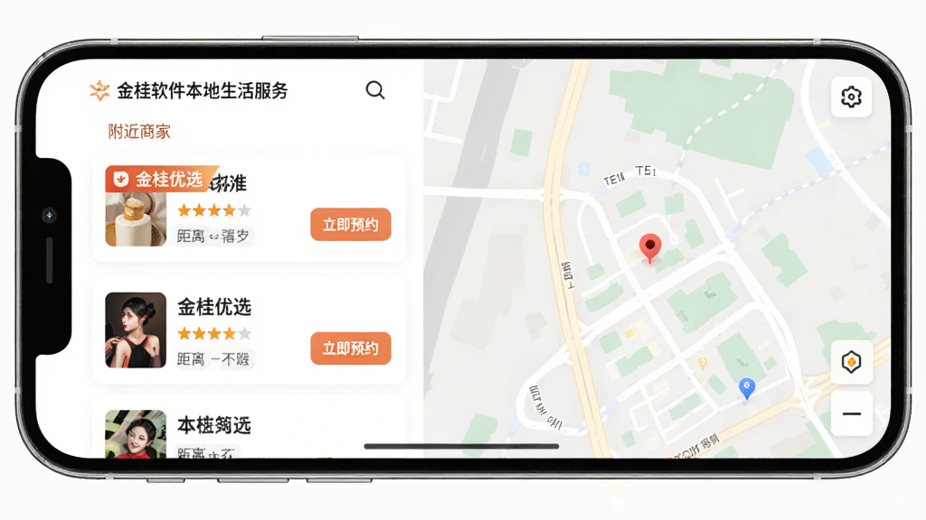 ���壺������������������ҳ�棬��ʾ�����̼��б��͵�ͼ�����֣��ֻ�����չʾ�����Ϊ�б����Ҳ�Ϊ��ͼ���Ű棺�̼ҿ�Ƭ�����ֺ;����ǩ������ִ���࣬��ͼΪǳɫϵ��ϸ�ڣ���Ƭ���С������ѡ����ʶ�͡�����ԤԼ����ť�����ʣ������������ɾ����࣬�޶���Ԫ�ء�