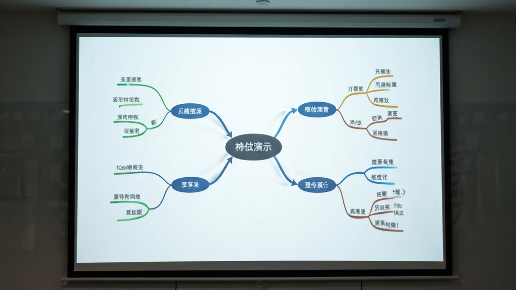 享做思维演示模式截图,主体为投影幕布上显示思维导图全屏展示效果,布局居中,排版清晰,风格商务简约,细节包括节点逐级展开的动画效果,画质高清,干净无多余元素