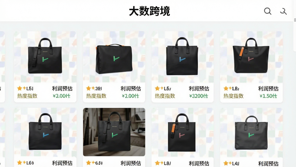 展示大数跨境选品推荐页面,商品图片整齐排列,每个商品下方显示热度指数和利润预估,界面为浅色背景,顶部有“大数跨境”标志,整体风格清新简洁,画质高清,无多余元素