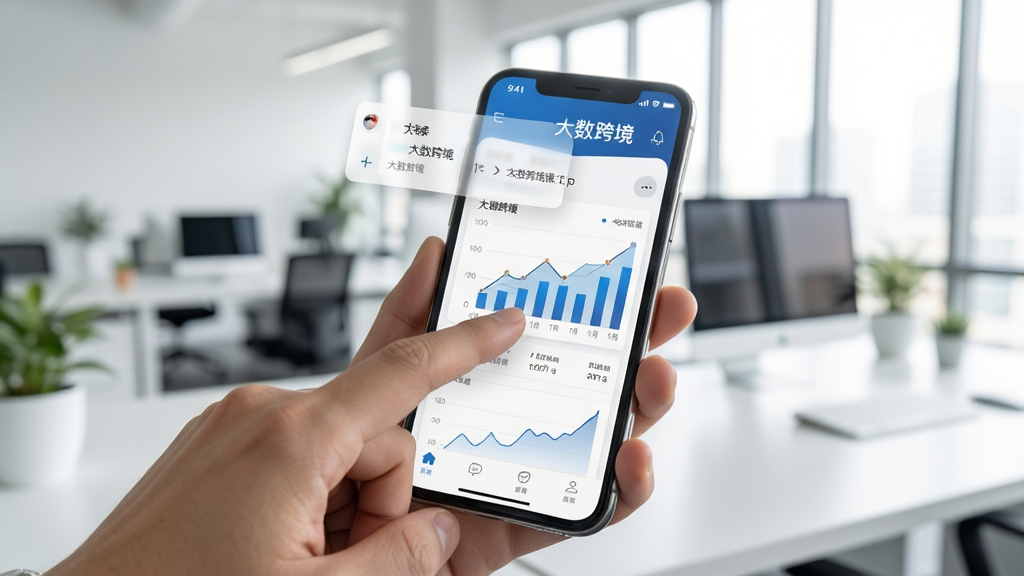 展示手机端大数跨境操作界面,手指点击数据图表,背景为明亮的办公环境,手机屏幕清晰显示“大数跨境”界面,整体风格自然真实,画质高清,无多余元素