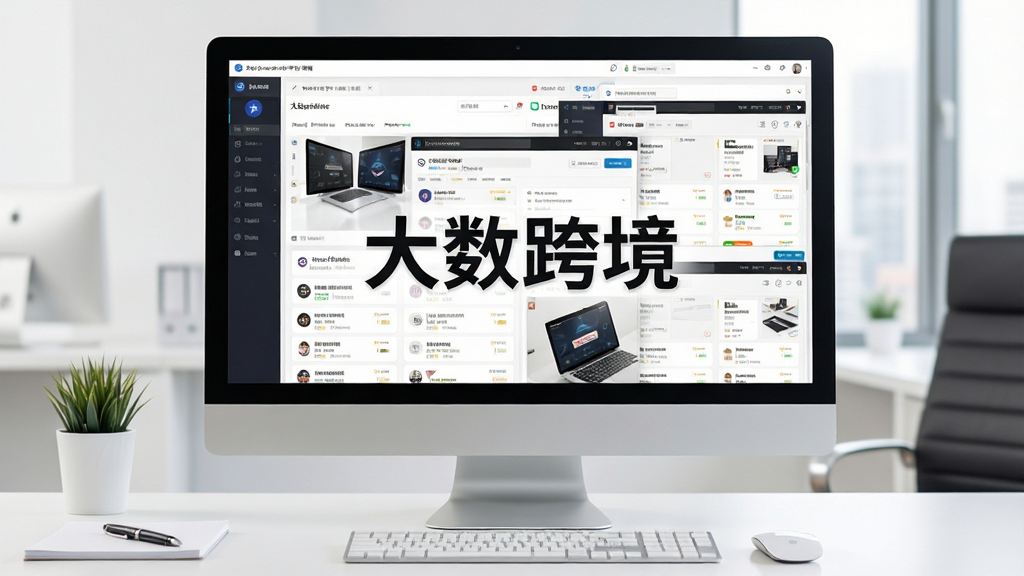 展示大数跨境多平台管理界面,电脑屏幕上同时显示多个电商平台的后台窗口,中央有“大数跨境”字样,背景为简洁办公桌,整体风格专业商务,画质清晰,干净无杂物