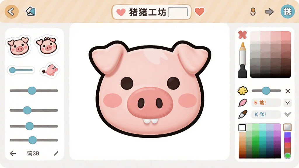 ����Ϊ������������༭���棬������һֻ����������Χ���Ƹ�����ֽ������������Ϳѻ���ߣ�����Ϊ���й�ͼ���Ű����������Ϊ��ͨUI���棬ϸ�ڰ��������������ɫѡ���������ʸ���ɾ����޶���Ԫ��