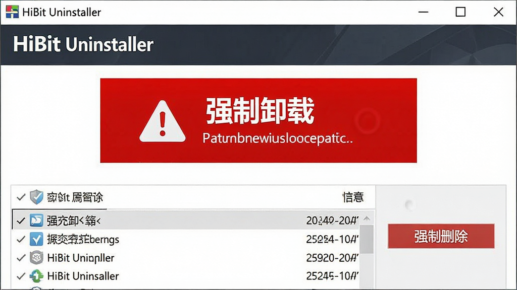 һ��չʾHiBit Uninstallerǿ��ж�ع��ܵĽ�ͼ����������һ����ɫ�������ʾ��ǿ��ж�ء����·��г������б����Ҳ�Ϊ��ǿ��ɾ������ť����������Ŀ���������ơ�HiBit Uninstaller���ڴ��ڱ�������ʾ�����ʸɾ����޶���Ԫ��