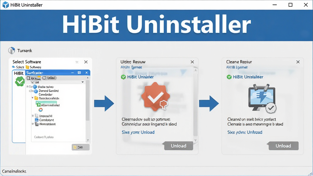 һ��չʾHiBit Uninstallerʹ�ý̵̳Ĳ����ͼ����������ʾж�����������̣�����ѡ�����������ж�ء����������������裬ÿһ���ü�ͷ��ע������Ϊǳ��ɫ���������ơ�HiBit Uninstaller���ڽ̳̱�������ʾ�������������޶���Ԫ��