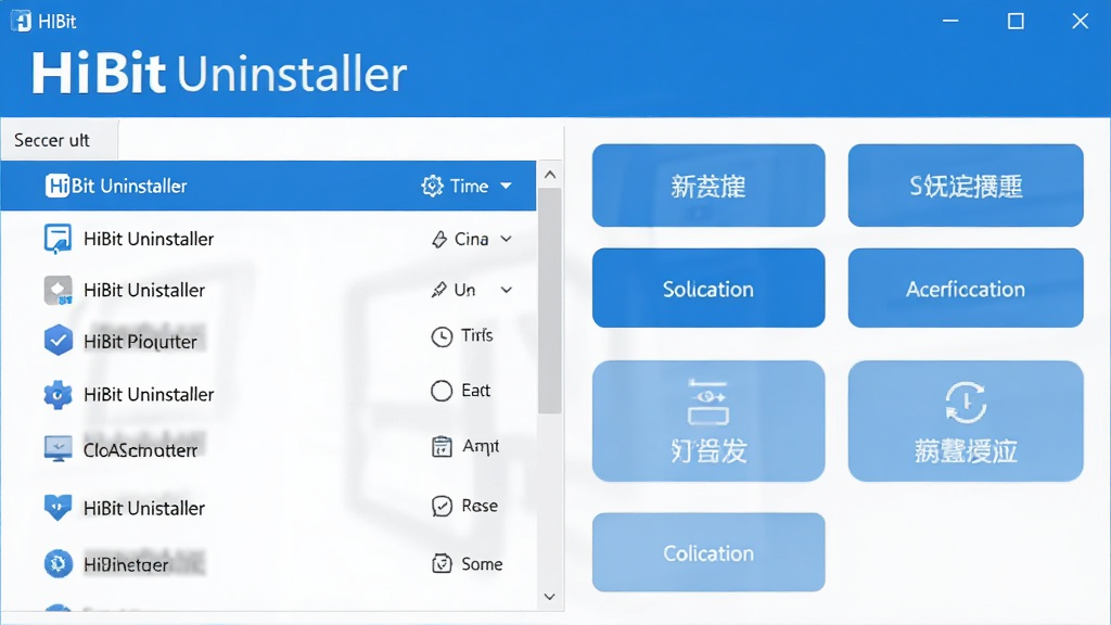 һ��չʾHiBit Uninstaller����������ĸ����ͼ����������ִ���Լ������Ϊ�����б����Ҳ�Ϊ���ܰ�ť���֣�����ɫ��������Ϊ���������������࣬�������ơ�HiBit Uninstaller���ڶ�����Ŀ��ʾ�����ʸɾ����޶���Ԫ��