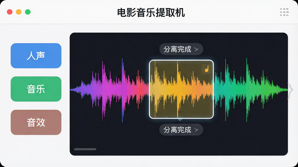 主体:“电影音乐提取机”的音轨分离功能界面。布局:界面中央显示一条彩色音轨波形,左侧为“人声”“音乐”“音效”三个分离选项。排版:选项以标签形式排列,清晰直观。风格:简洁明亮,扁平化设计。细节:波形图上有高亮区域标识正在提取的部分,并配有“分离完成”提示。画质:高清,色彩鲜艳,干净,无多余元素。