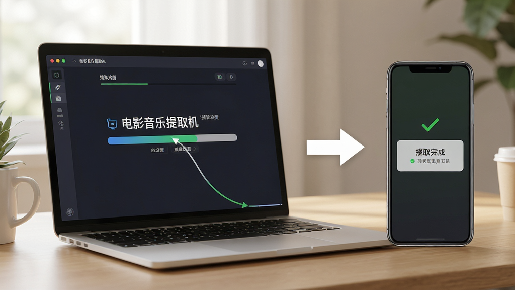 主体:笔记本电脑和手机并排放置,屏幕上都显示“电影音乐提取机”的操作界面。布局:电脑界面为主,手机界面为辅,形成对比。排版:左右分布,中间用箭头连接。风格:生活化场景,光线柔和。细节:电脑屏幕显示提取进度,手机屏幕显示“提取完成”通知。画质:高清,真实感强,干净,无多余元素。