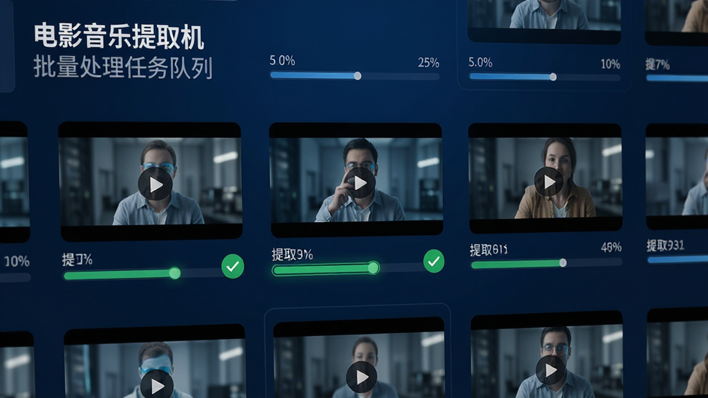 主体:“电影音乐提取机”批量处理任务队列。布局:多个视频文件缩略图横向排列,每个文件下方显示提取进度条。排版:网格状分布,整齐有序。风格:商务科技风,背景为深蓝色。细节:进度条显示百分比,其中一个文件已完成并打上绿色对勾。画质:高清,细节清晰,简洁,无多余元素。